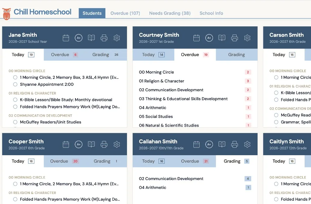 Student dashboard with overdue and needs-grading counts