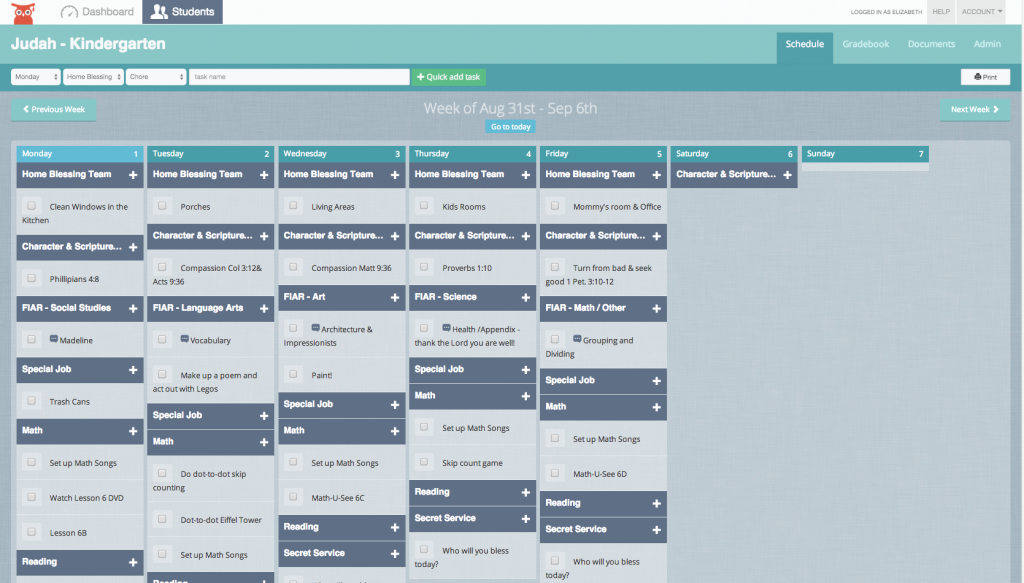 Homeschool Manager Weekly Schedule